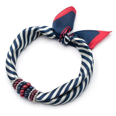 Šátek s bižuterií Letuška - modročervený pruhovaný - 1