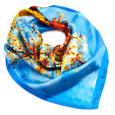 Šátek saténový - modro-oranžový s potisken - 1