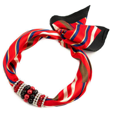 Šátek s bižuterií Letuška - červeno-černý s pruhy - 1