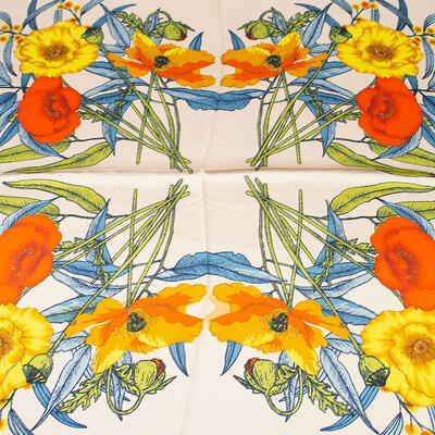 Šátek saténový - béžovo-modrý s květinovým potisken - 2