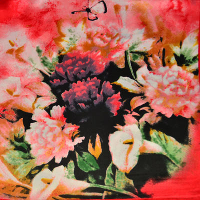 Šátek saténový - červený s květy - 2